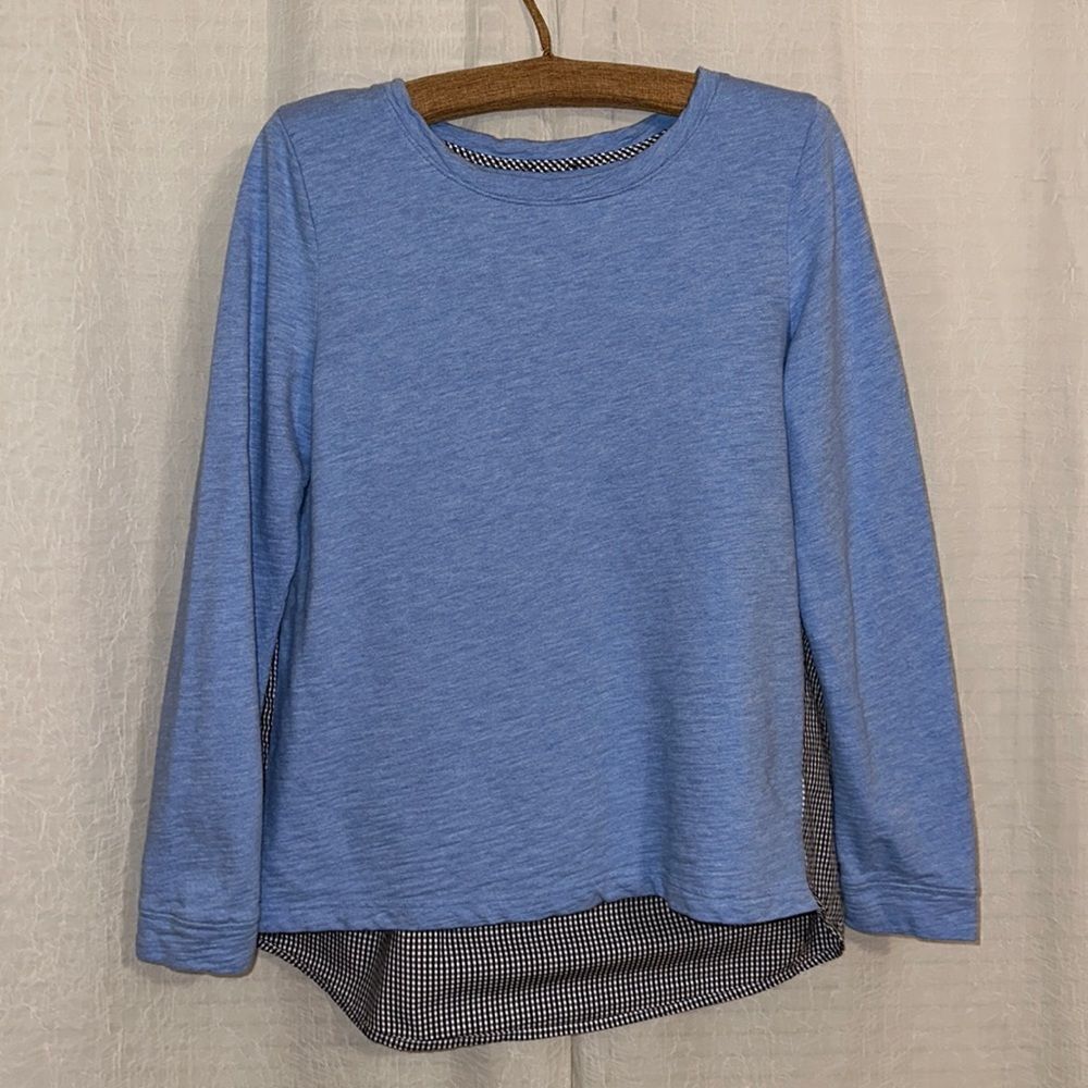 Talbots L Blue Crewneck High Low Sweatshirt Black White Gingham Back